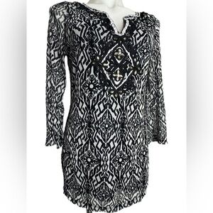 INC International Concepts Embellished Tunic Top Black White Tribal Boho M
